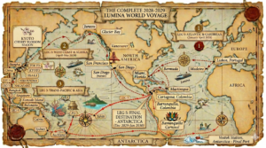 Here is a refined, highly accurate alt text description for **watermarked_img_10477634848595375098.png**, optimized to perfectly capture the exact details, geography, and text displayed on your final map.

---

### Alt Text Description

An antique, widescreen, Indiana Jones-style fantasy travel map printed on aged, crinkled parchment paper with a decorative border and a wax seal. The map depicts a global cruise itinerary labeled "THE COMPLETE 2028-2029 LUMINA WORLD VOYAGE."

The map features stylized continents, decorative compass roses, sea monsters, and a dashed red route line with arrows tracking a continuous, eastward-to-westward cruise journey.

**Key sections and route pathways include:**

* **Leg 1 (Atlantic & Caribbean):** Begins in Lisbon, Portugal, traveling southwest to Madeira, west across the Atlantic to Bermuda, and southwest to Miami, Florida. From Miami, it loops down to Martinique, heads west to Cartagena and Barranquilla (Colombia), and transits the Panama Canal.
* **Leg 2 & 3 (West Coast & Asia):** From the Panama Canal, the red line tracks north along the Pacific coast past San Diego and San Francisco to Vancouver, Glacier Bay, and Juneau. It then crosses the Pacific Ocean west toward Japan, hitting Tokyo, Kyoto, Osaka, Hiroshima, and Nagasaki, before moving south past Shanghai, China, and Southeast Asia (Singapore, Indonesia, and Cairns/Sydney, Australia).
* **South Pacific to Antarctica Conclusion:** The route moves from Sydney to Auckland (New Zealand), then loops north through Fiji (labeled "Fjii") and Tahiti. From Tahiti, the line travels south across the bottom of the map, terminating at the icy continent labeled "ANTARCTICA," featuring a decorative banner reading "LEG 5: FINAL DESTINATION - ANTARCTICA (Dec 2029-Jan 2030)" and a label for "Vostok Station, Antarctica - Final Port."

Decorative illustrations include a small cruise ship icon in the Atlantic, a Golden Gate Bridge icon near San Francisco, a Carnival mask for Barranquilla, and a cherry blossom illustration for the Kyoto Cherry Blossom Season.